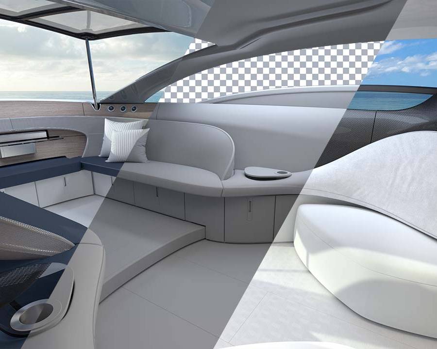 3D-Visualisierung eines modernen Yachtinterieurs